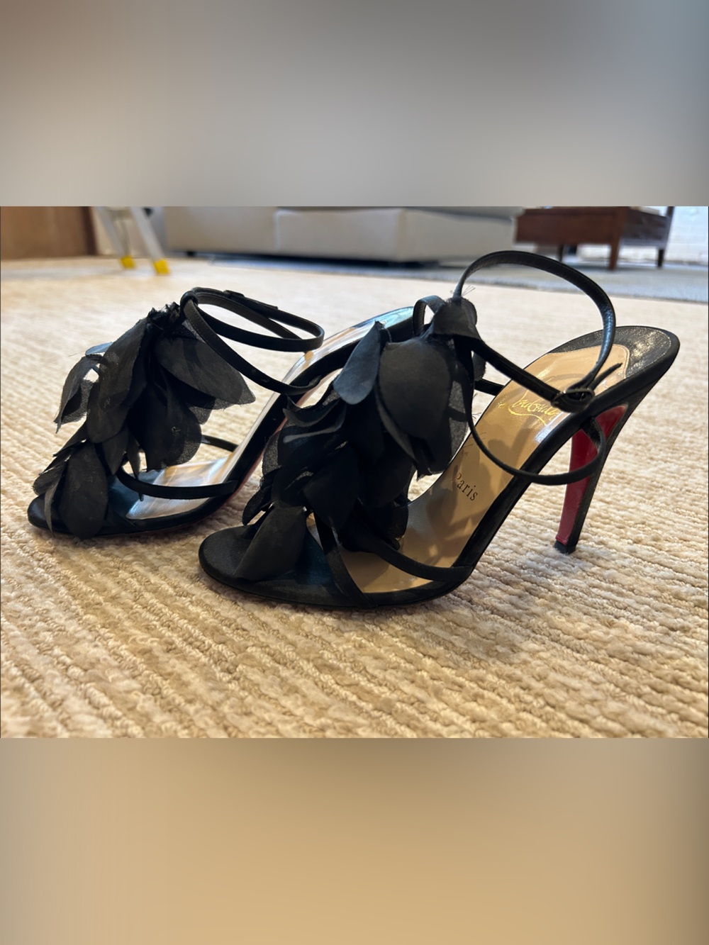 Christian Louboutin Black Petal Ankle-Strap Heels, size 37.5